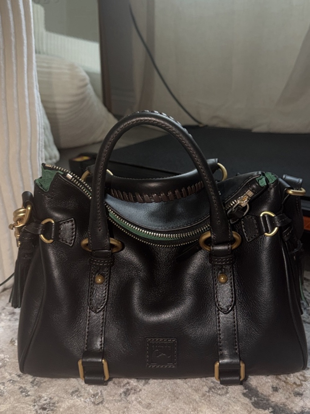 Dooney & Bourke Black Leather Top-Handle Satchel with Green Trim